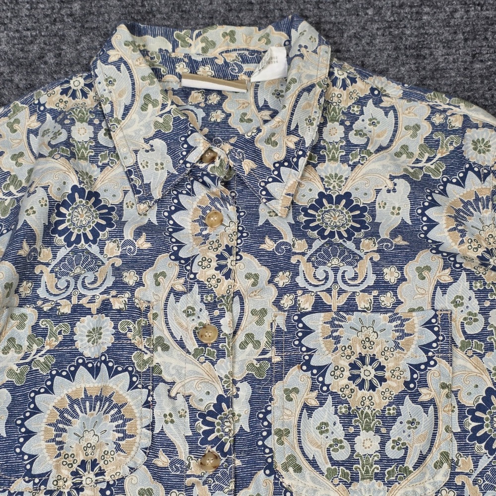 Liz Claiborne Lizwear Button Front Shirt Womens Size M Blue Floral Damask Cotton - Picture 8 of 9